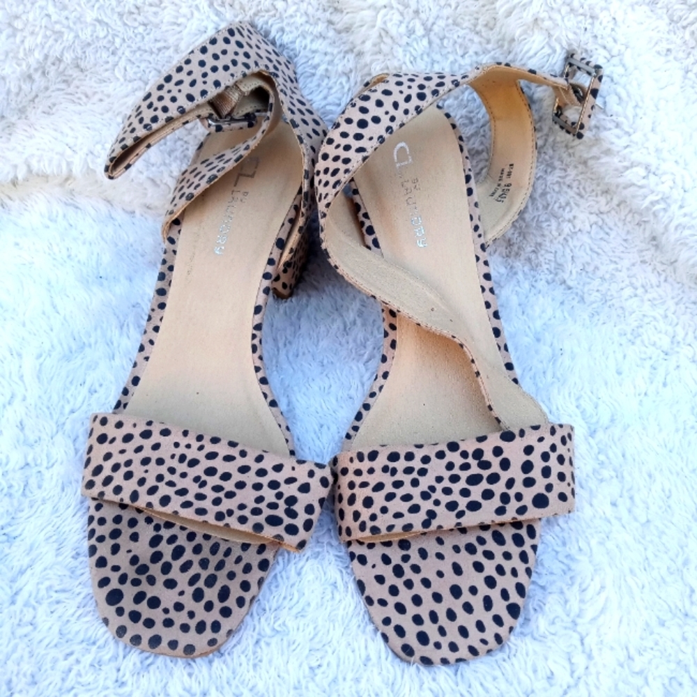 CL BY LAUNNDRY SHOES WOMENS SZ 9.5 TAN POLKA DOT BKACK CHUNKY HEELS 3"